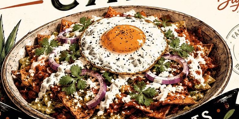 A plate of chilaquiles topped with a fried egg, crema, cilantro and red onion
