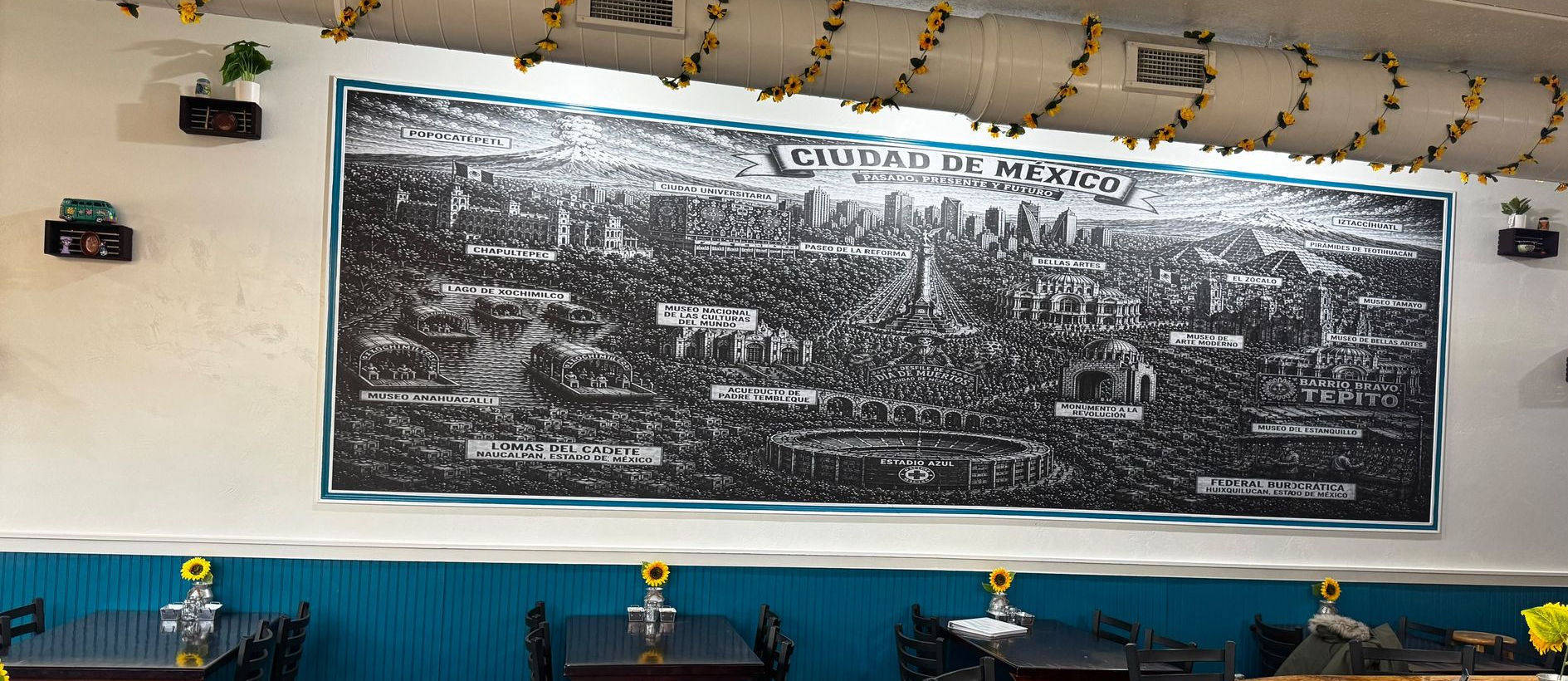 Mexico City mural above the counter